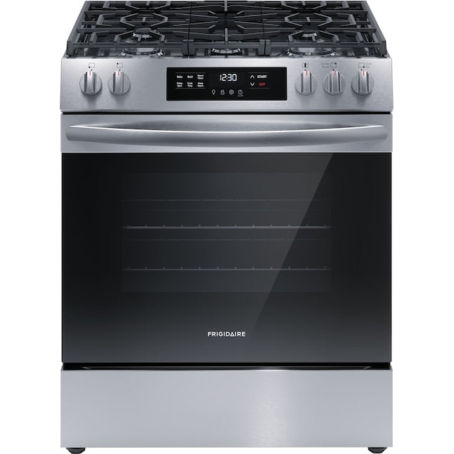 Frigidaire 30-in 5 burners 5.1-cu ft Slide-In Natural Gas Range ( Stainless steel ) Item #5301149 | Model #FCFG3062AS
