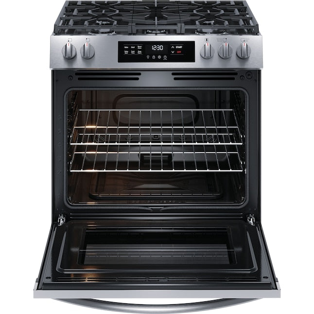 Frigidaire 30-in 5 burners 5.1-cu ft Slide-In Natural Gas Range ( Stainless steel ) Item #5301149 | Model #FCFG3062AS