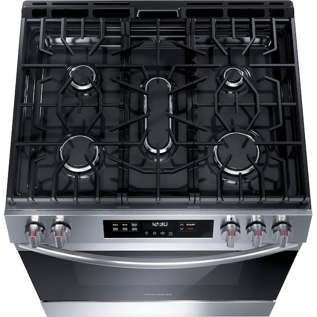 Frigidaire 30-in 5 burners 5.1-cu ft Slide-In Natural Gas Range ( Stainless steel ) Item #5301149 | Model #FCFG3062AS